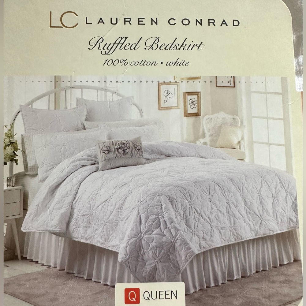 NIB Bedding LC Lauren Conrad Ruffled Bedskirt White Cotton Queen Bed Bedskirt